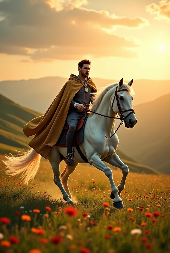 A very handsome young man is riding a white horse in a beautiful green color dress