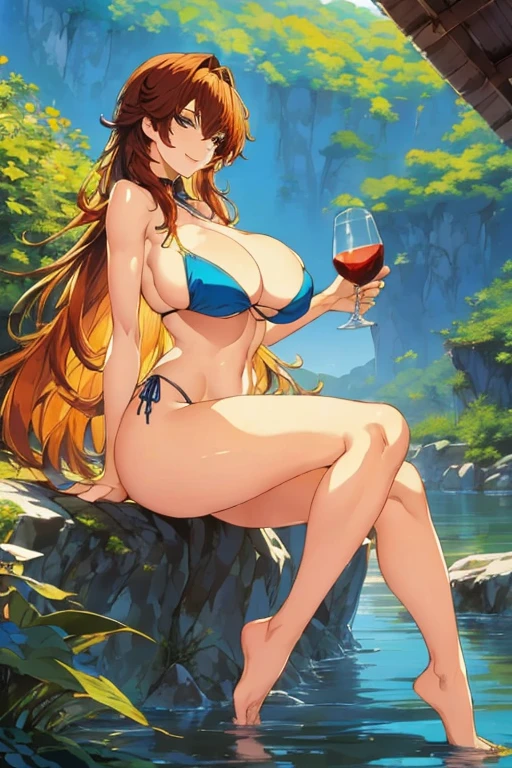 Cute happy sexy tan woman with thick long messy red curly hair in a sexy bikini with glasses with tattoo blushing with bright earrings embarrassed with thick thighs and big chest in sexy position with necklace and hair band with bright bracelet at a bar very drunk at night with her whole face red from blushing