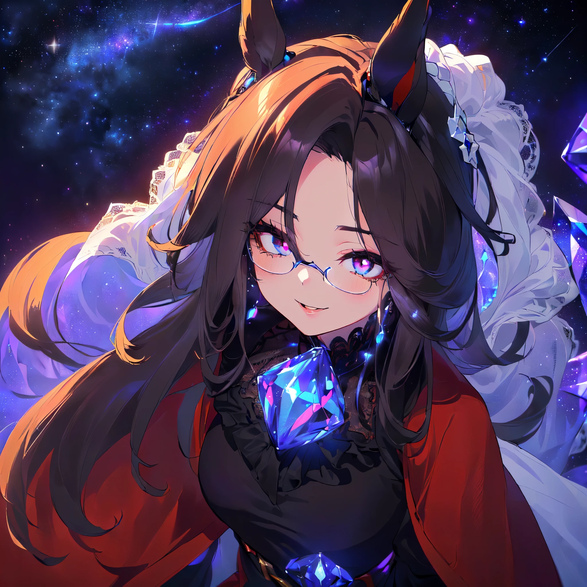 (Solo, Alone, Short, Girl, Horse Ears, Round Breast, Black Hair, Extra Long Hair, No Ears, Sitting, Arms Behind Head, Leaning Forward, Looking Up with Big Smile, Shiny Blue Ruffled See-Through Lace Long Sleeve Dress Skirt, Big Ribbon Tie, Big Tiara, Big Cape, Dark Red Blush, Dark Red Eyeshadow, Strong Wind, Dark Purple Background, Blue Crystal World Background, Blue Crystal Block Background, Blue Crystal Background, Starry Sky Background, 2DCG Animation, Great Looks, Detailed Anatomy, Masterpiece, Top Rated, 16K, Focus on Groin, Upper Body Only: 1.5)