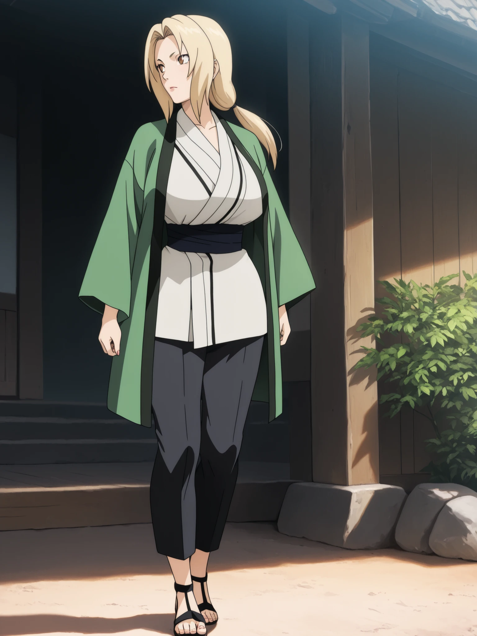 (masterpiece, best quality, anime style, ultra-detailed, 8k, 1girl, full-body view of Tsunade Senju standing in a peaceful outdoor setting, Tsunade is a mature woman with long blonde hair, wearing her usual outfit: short white kimono, black pants, and open-toe sandals, standing still with arms relaxed at her sides, head slightly tilted, looking into the distance with a thoughtful and calm expression, gentle breeze moving her hair and clothing, natural background with soft sunlight, quiet and reflective mood, cinematic composition)