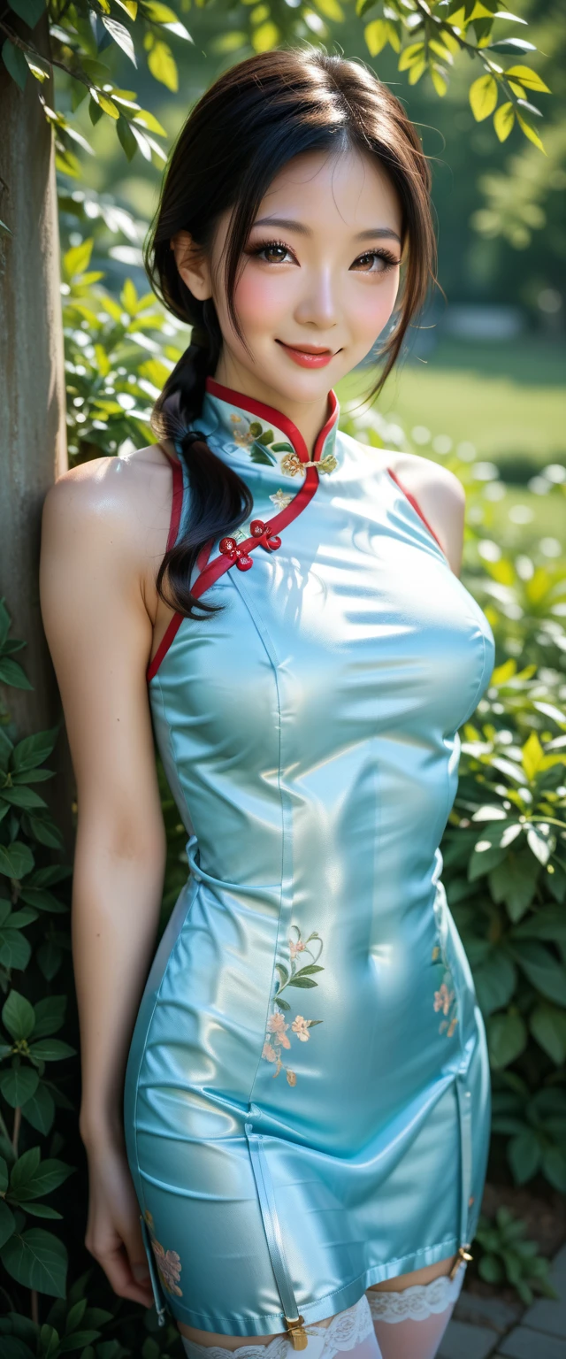 (Raw photo:1.2), (Photorealistic), Beautiful detailed girl, Very detailed eyes and face, Beautiful detailed green eyes, Huge file size, High resolution, Very detailed, Best Quality, [masutepiece:1.6], Illustration, Very detailed, Fine detail, Best Quality, 32K Wallpaper, perfect Lighting, in a Bamboo forest,(Wear a qipao with a high cut:1.2), sitting, legs open, cameltoe, full body photo