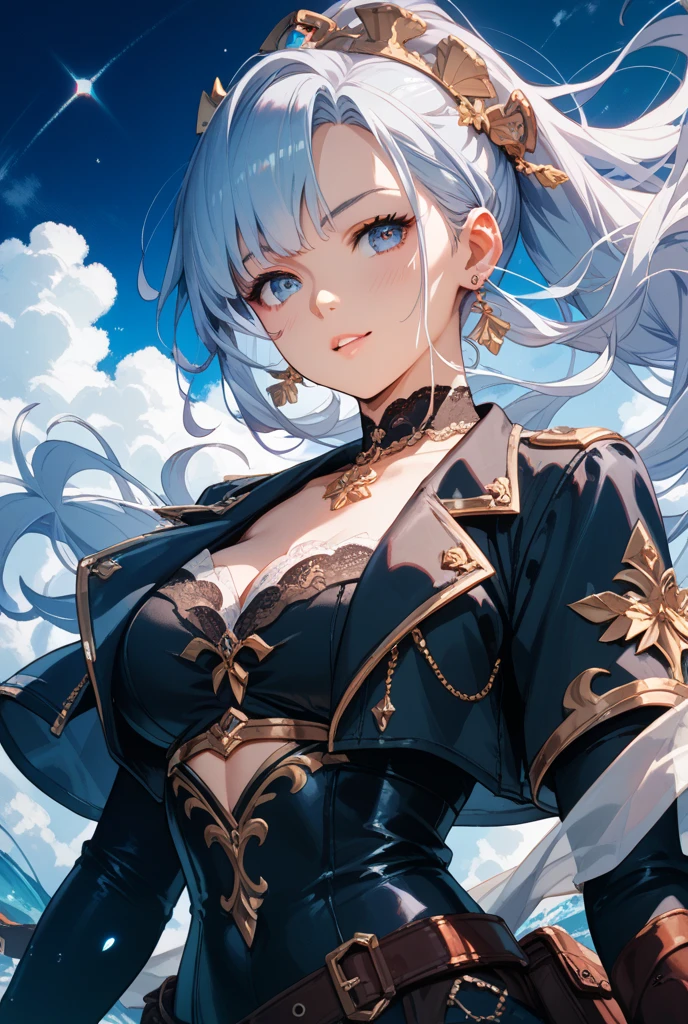 elaina_(nice_No_tabitabi), masterfully, masutepiece, 4K,, 1girl in, Feminine, Beautiful, F-cup, Grey Hair, Big magic hat + Black at the top、Purple on the inside, Blue eyes, White shirt, Yellow Ribbon, black robes,, kawaii, Looking at Viewer, slight smile, magical little girl, Background Medieval Europe,