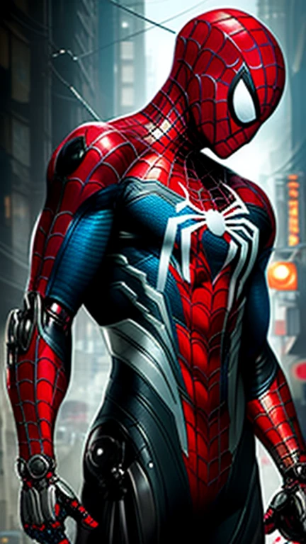 The definitive Spider-Man in Marvel photography, biomechanical, complex robot, full growth, hyper-realistic,  Crazy little details , extremely clean lines, cyberpunk aesthetic, masterpiece highlighted in Zbrush Central