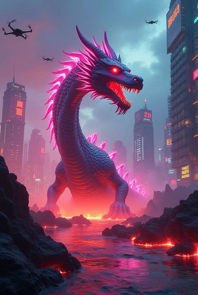 A futuristic cityscape where skyscrapers are constructed from sharp, angular glass shards, each building glowing with vibrant neon lights, reflecting and refracting into a dazzling display of color and light as a colossal glass shard dragon spirals through the air.