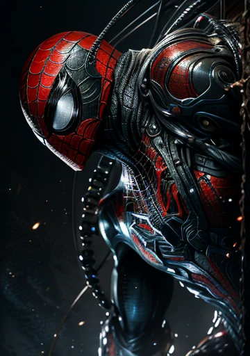 The definitive Spider-Man in Marvel photography, biomechanical, complex robot, full growth, hyper-realistic,  Crazy little details , extremely clean lines, cyberpunk aesthetic, masterpiece highlighted in Zbrush Central