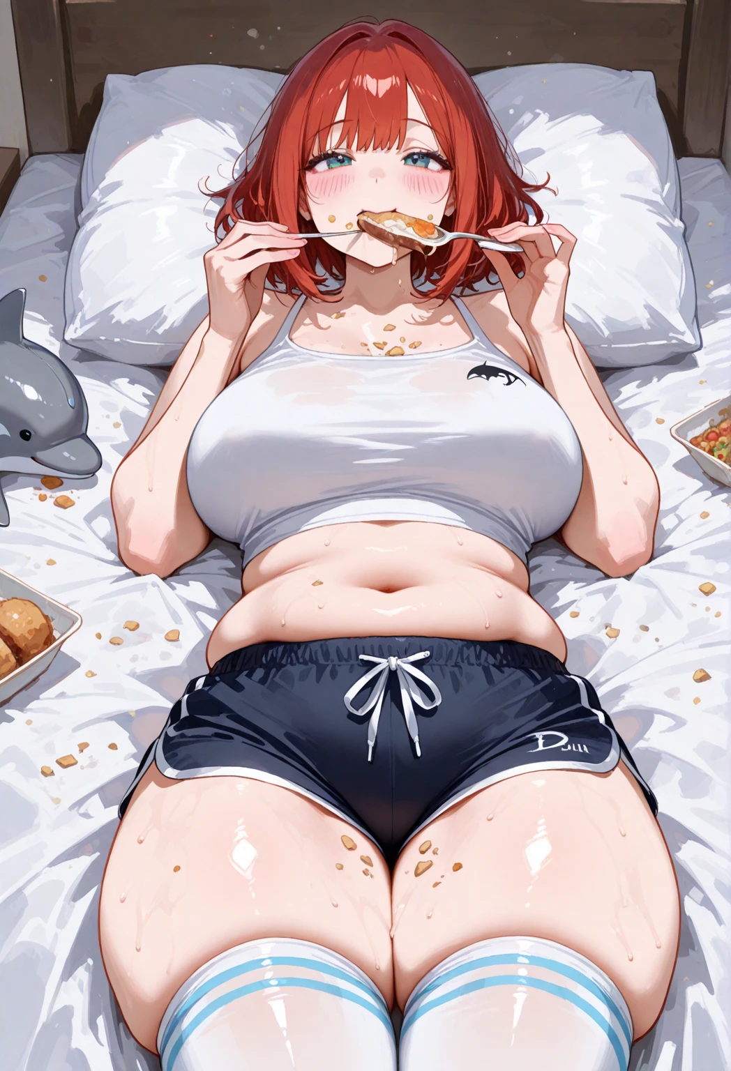baby, little baby, little baby, girlish, Small body, regordete, barriga, vientre grande), (((en una cama con mucha comida))), ((Ropa escolar)), (((boca abierta))), sobrepeso, aumento de peso, cabello rosa, todo el cuerpo, cuerpo extremadamente obeso