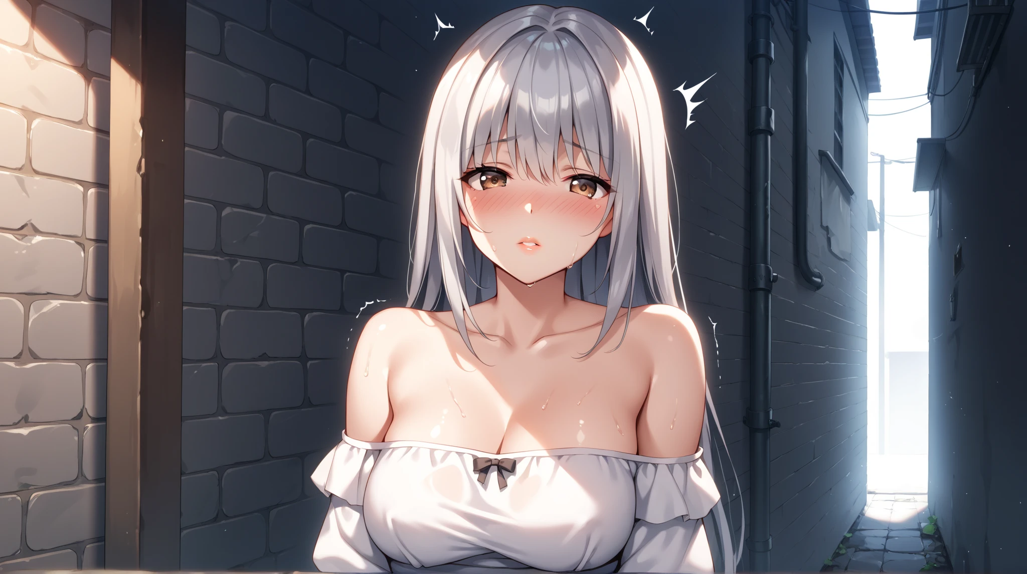 masterpiece, Highest quality, (Focus alone), (Perfect Face:1.1), (High detail:1.1), (Ultra-detailed eyes), Long white hair,Disheveled Hair,Wet Hair,Oily skin,Black underwear,Sweatだく,Sweat,Looks pretty drunk,Troubled expression,White paint dripping down the inner thigh,Sit down,