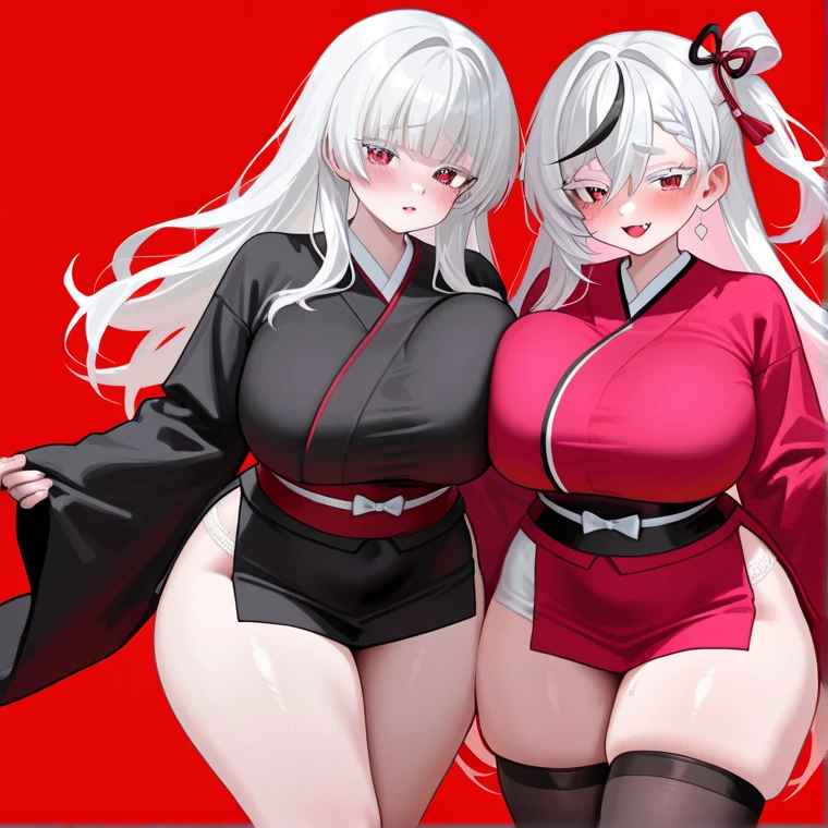 Make a full body character with 2D graphics based on current anime 4k-8k The character is 22 years old. Mature body with big breasts and curves. Eyes red, white cat ears, long white hair down to the ankles. Cat's furry tail. The outfit is a mix of traditional Japanese kimono, Qipao chines stylized in a cyberpunk way. The colors of the clothes are predominantly white with details of blood red and gold.. With sock 3/4 black and white, sandalhas ninja estilo cyberpunk.