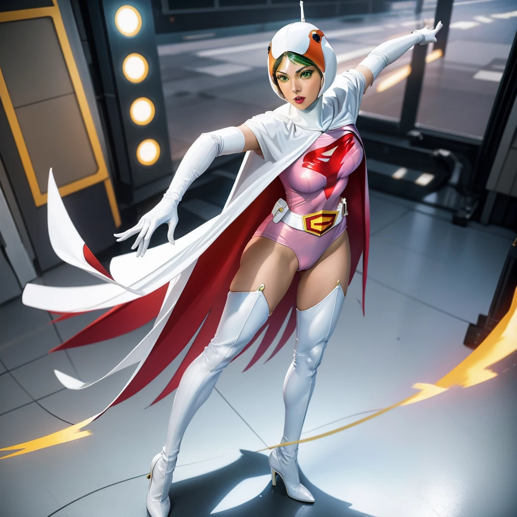 ANI_CLASSIC_jun_gatchaman_ownwaifu,1girl, 18yo,good anatomy, masterpiece, best quality,realistic, hyperrealistic, 16k hdr,
long hair, green eyes, lips, large breasts, lipstick, makeup, cape, helmet, belt, elbow gloves, white gloves, mask, ultra miniskirt, leotard, spacesuit, white legwear, pink dress, superhero, bodysuit,(action pose, from below:1.2), sweat, smile, space ship,