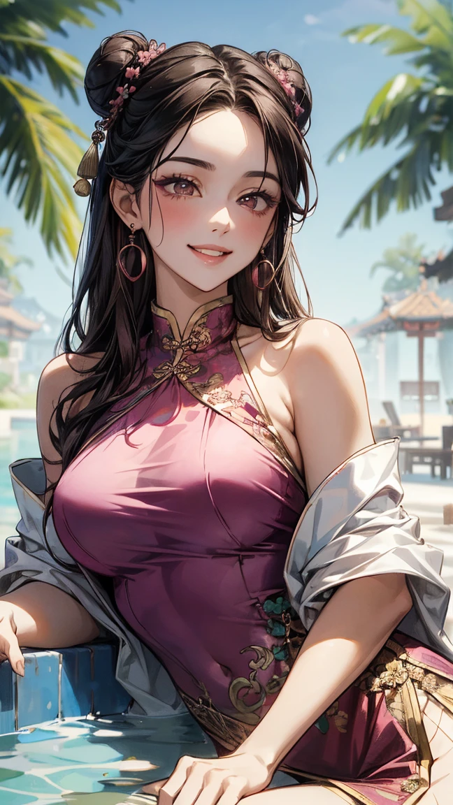 (Masterpiece:1.2, Best quality), (beautiful finely detailed eyes:1.2), (finely detailed eyes and detailed face:1.3), (Beautiful and clear background:1. 2), Mai Shiranui, red clothes, Ponytail, White ribbon at waist, sleeveless, pelvic drape, sash, drapery, Tabi, Temple background, sitting on the ground, sexy, Perfect anatomy, Cover image.