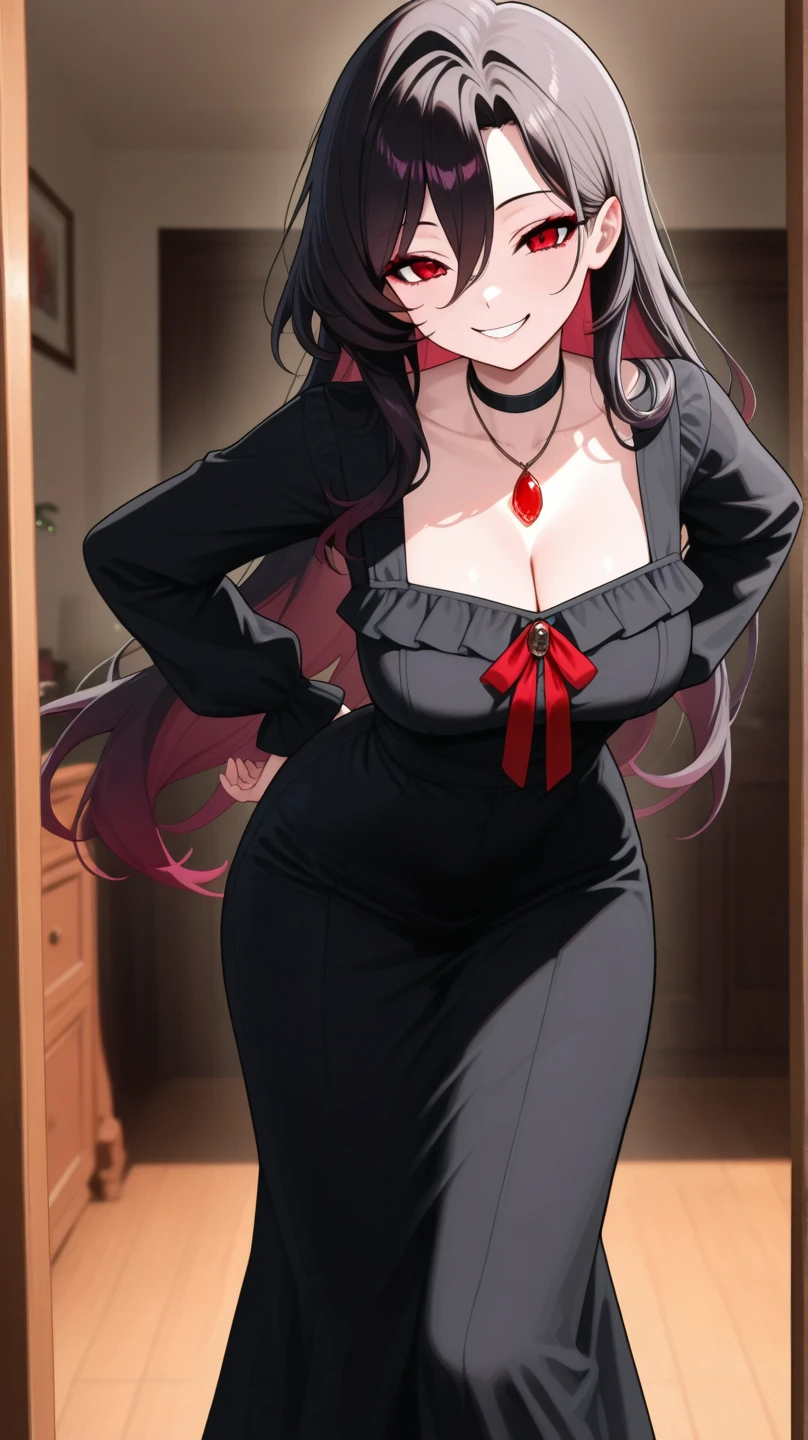 High tail hairstyle, Ponytail hairstyle, Long wavy black hair, standing posing, anime girl style, pixel art anime style,penetrating look with deep eyes,red and purple eyes, hair with a ponytail hairstyle trapped with a big red bun, women, red hair clips, x color shaped hair clips , smiling face blush, next to his bed, lingerie, tank top, Black hair, big thighs,minidress