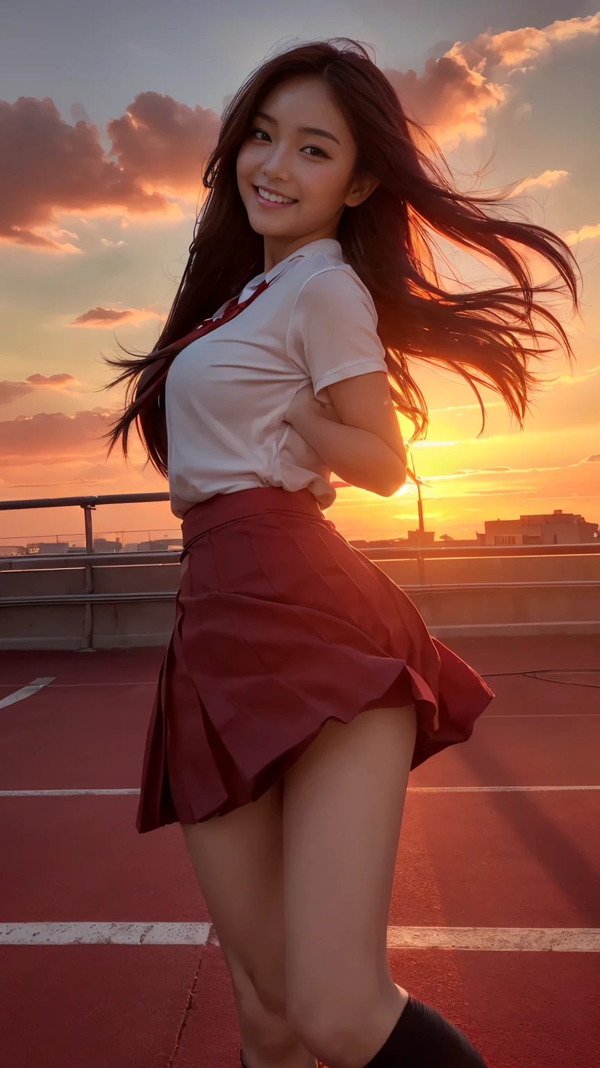 determinada menina em(a sexy Japanese school uniform:1.2), sozinho, seios grandes, Sagging Tits, ((blusa rasgada uniforme escolar:1.2)), mini saia xadrez, standing on a windswept rooftop during sunset, com vista para uma paisagem urbana, capturando um momento de empoderamento e desafio, with a dynamic pose and intricate details, Arremesso longo