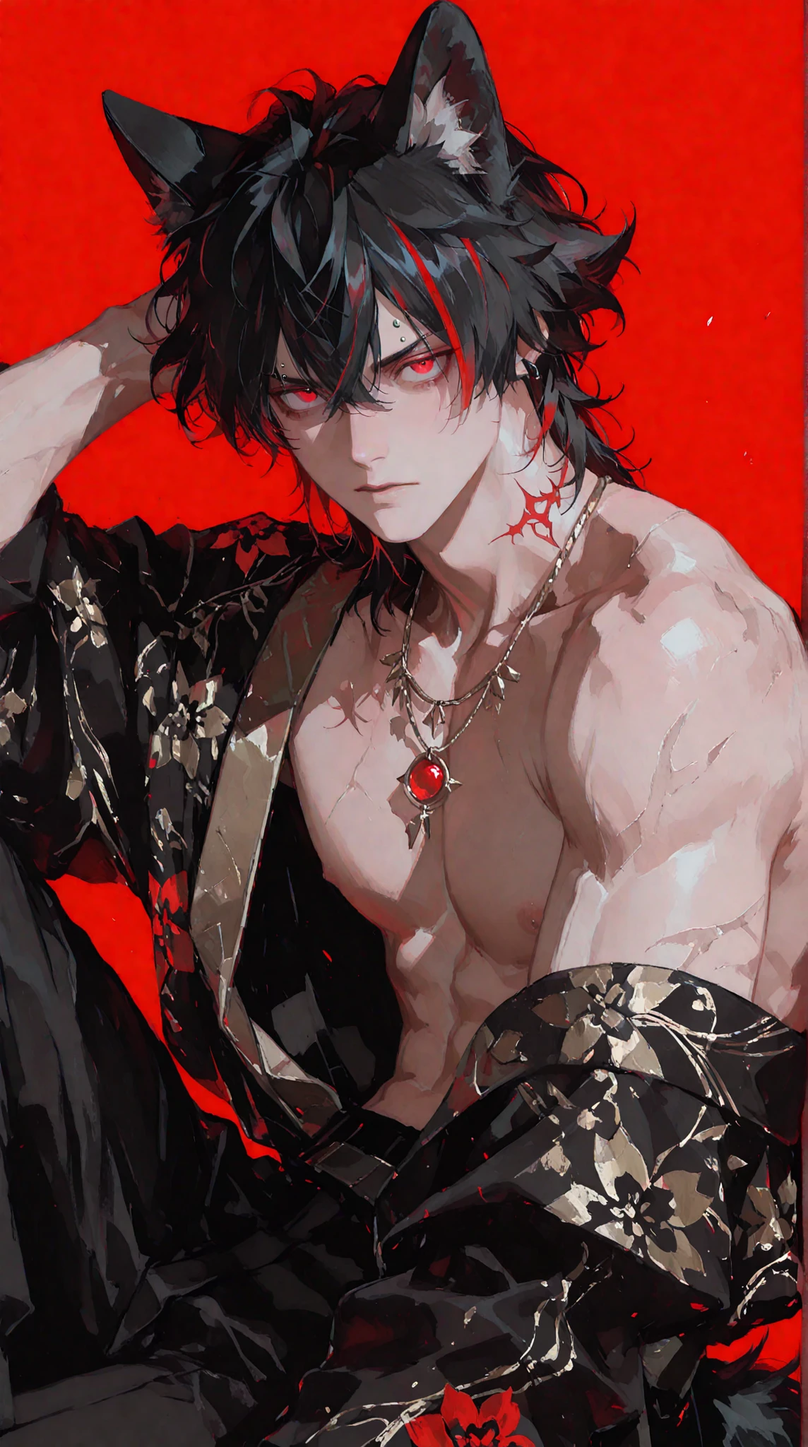 Best Quality 4K Artwork, a tall guy, stark, Bad Boy Vibe, Short and Stylish Black Hair, dark red eyes, Piercing na Boca, Lower Neck Tattoo, Wear Black, emo, Young and Extremely Beautiful.