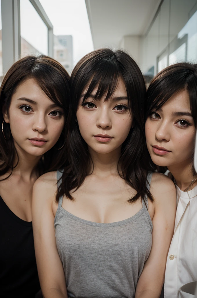 Three women simple background,seeing viewer,perfect skeleton.perfect skeleton face,eyeballs,short hair,