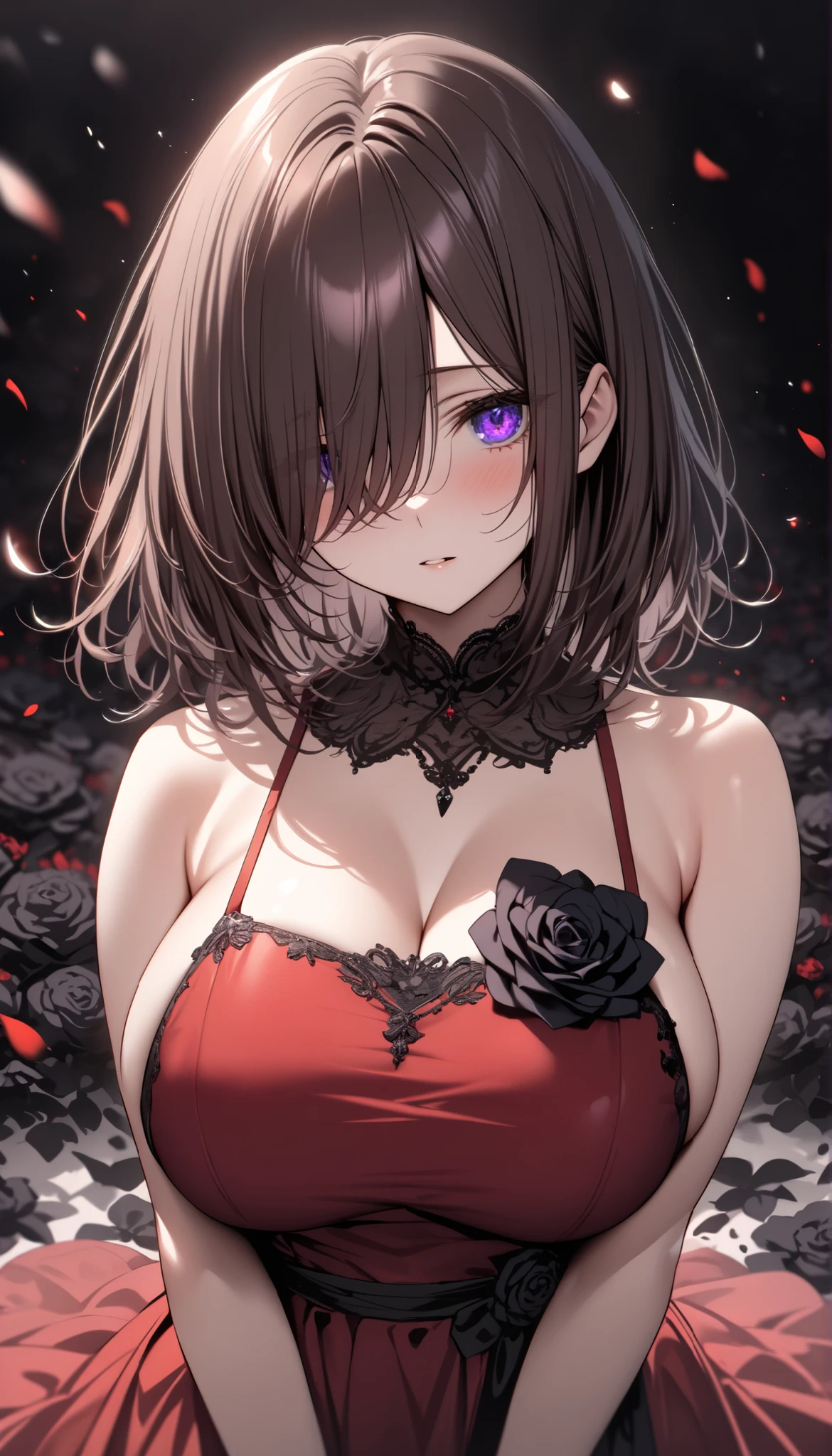 (masterpiece, Highest quality:1.2), (1girl) ,alone, ((medium hair)), ((straight hair)) ,((dark brown hair)), ((hair over face)), (hair over one eye), (hair over right eye), ((detailed eyes)), ((purple eyes)), ((big breast)), high detail, bloom, (red dress), (beautiful effects), black flowers, black rose field, black petals, (grayscale),