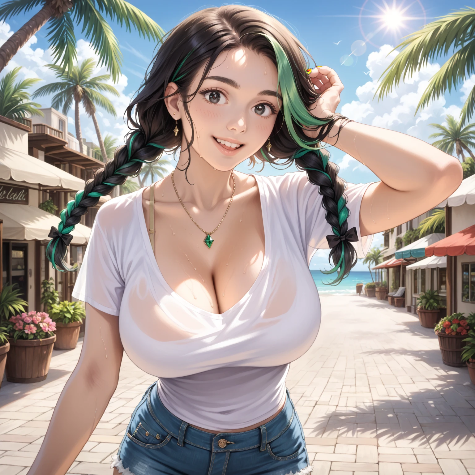 Milf green eyes .huge breasts. Orage sexy hairstyle. bbw. Blue bikini suit on the beach . Realistic , photography