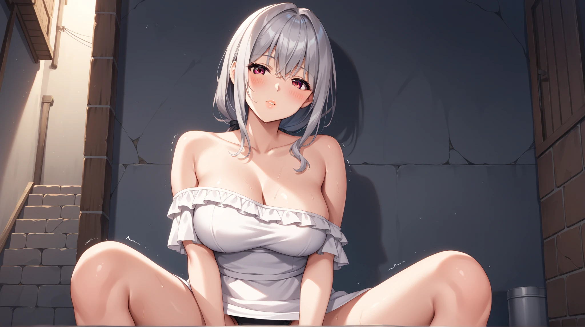 (masterpiece:1.2), (highest quality:1.2), Perfect Eyes, Perfect Face, Perfect lighting, middle ages, middle ages, battlefield, rubble, 1girl, Gray Hair, white eye, blunt bangs, short hair , Ahoge, ((((nude)))) , open mouth, scared, ((smile)), front, Small breasts, (messy hair), spread legs, arms behind head, 