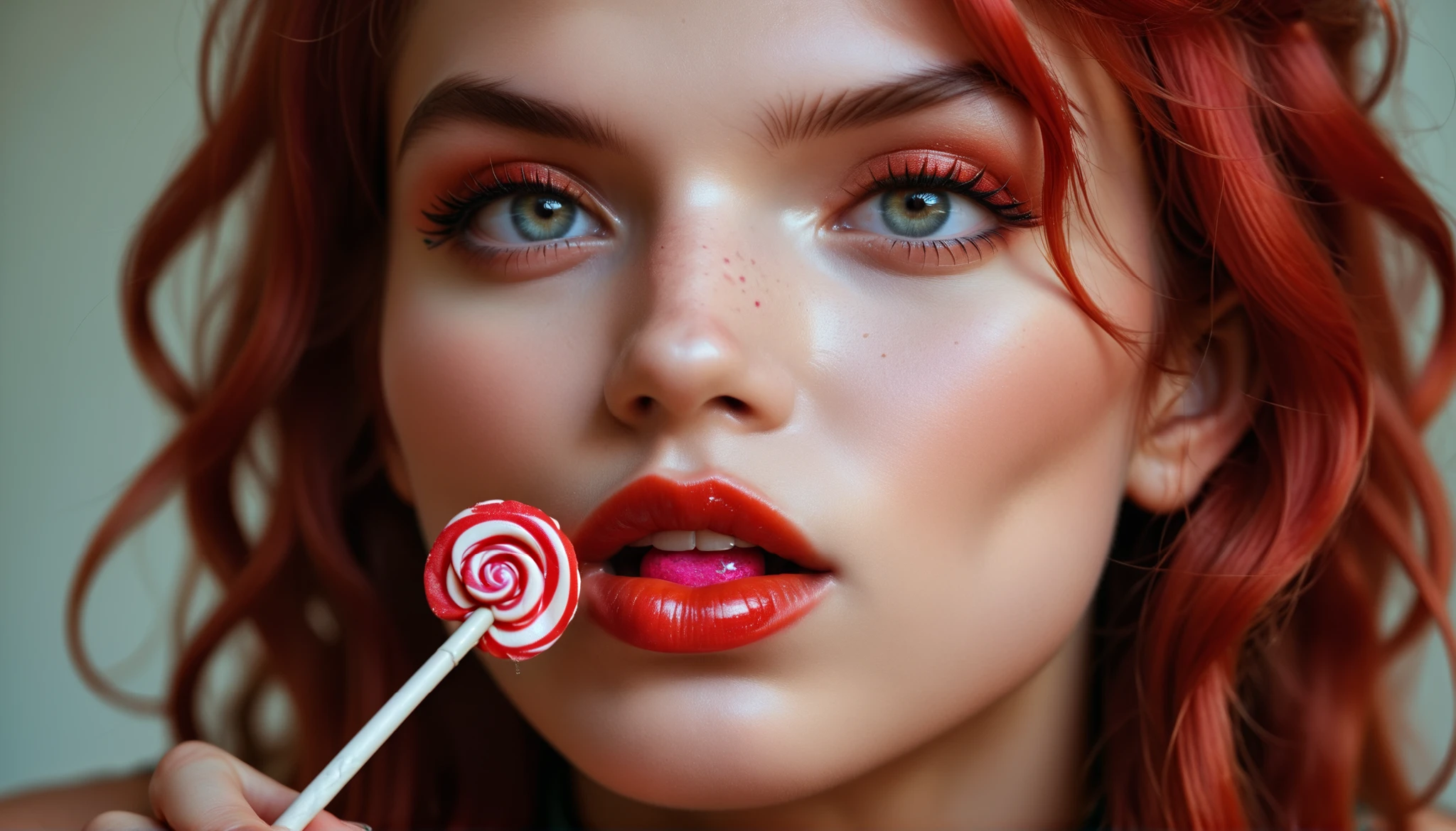 (((Super Close on a woman's face, totally facing the observer))), she is a beautiful red-haired WOMAN who is sucking a red lollipop ball, Very close to the observer, An 18-year-old young woman, (((Only the face and the lollipop appear in the image)))