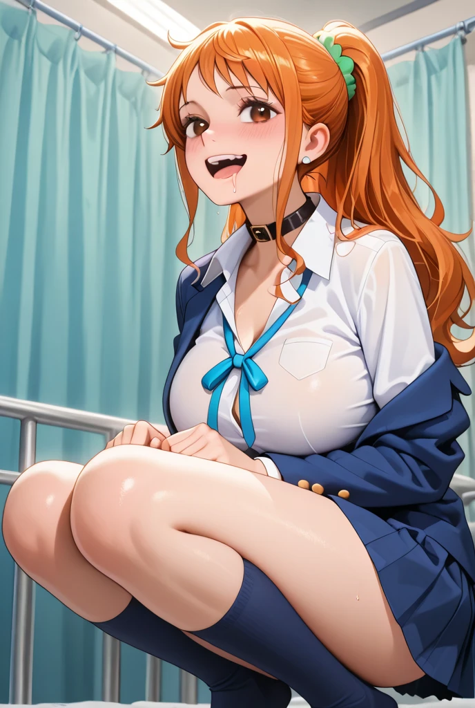 (((masterpiece, best quality))), girl, (), (skinny), (orange hair), (long hair), (wavy hair), (blue eyes), ((large breasts)), blue and white dress, red earrings, (((nsfw))), ((1boy)), (((vaginal, sex))), ((rape)), (imminent vaginal), hetero, nipples, blush, on back, lying, missionary, ((despair)), ((gangbang,5boys))