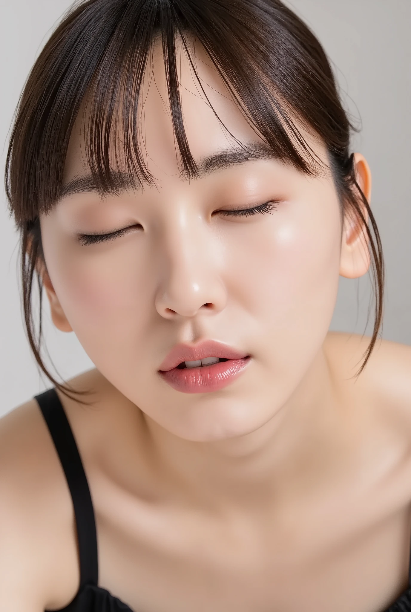 An ultra close-up of a stunning Japanese woman with glossy, puckered lips glowing with highlights, softly parted for a kiss. Her eyes half-closed in a dreamy, loving upward gaze, face tilted slightly downward, chin softly tucked in, making direct eye contact with the camera. She wears a black camisole with one slipped shoulder strap revealing delicate collarbones. The camera is positioned slightly above her eye level, focusing on her glowing skin and sparkling eyes. Soft, seamless white studio background with gentle, cinematic lighting creating intimate tension just before a kiss.