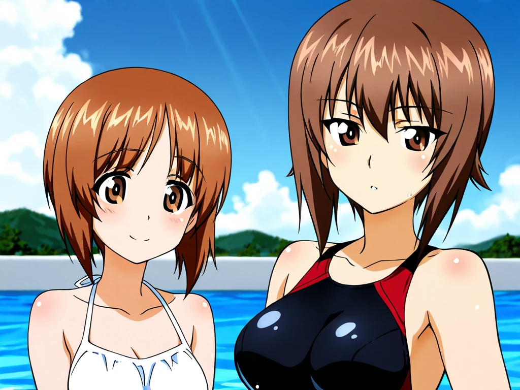 score_9, score_8_up, source_anime Bibl3, cute girl, busty shortstack, brown hair, twin braid hair, hair ornament, hair ribbon, racing swimsuit, huge breasts, heavy breasts, breast expansion, full lips, vivid lips, wide hips, thick thighs, cameltoe, viewed from front, gym pool, happy smile, innocent expression, hip focus, looking at viewer, raised eyebrows, detailed eyes, detailed face, pretty girl,