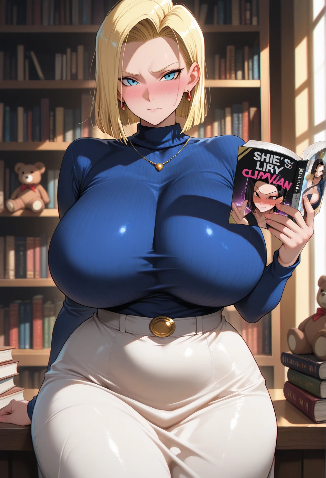 (masterpiece, detailed, realistic:1.2), beautiful young geeky woman, ((young, teenager)), (gigantic breasts:1.9), (bursting breasts:1.3), (detailed face, beautiful face, realitic face), (concerned expression:1.2), red cardigan, library, cute, innocent, braided hair, shy, awkward, sweater, shirt, bursting button, holding books