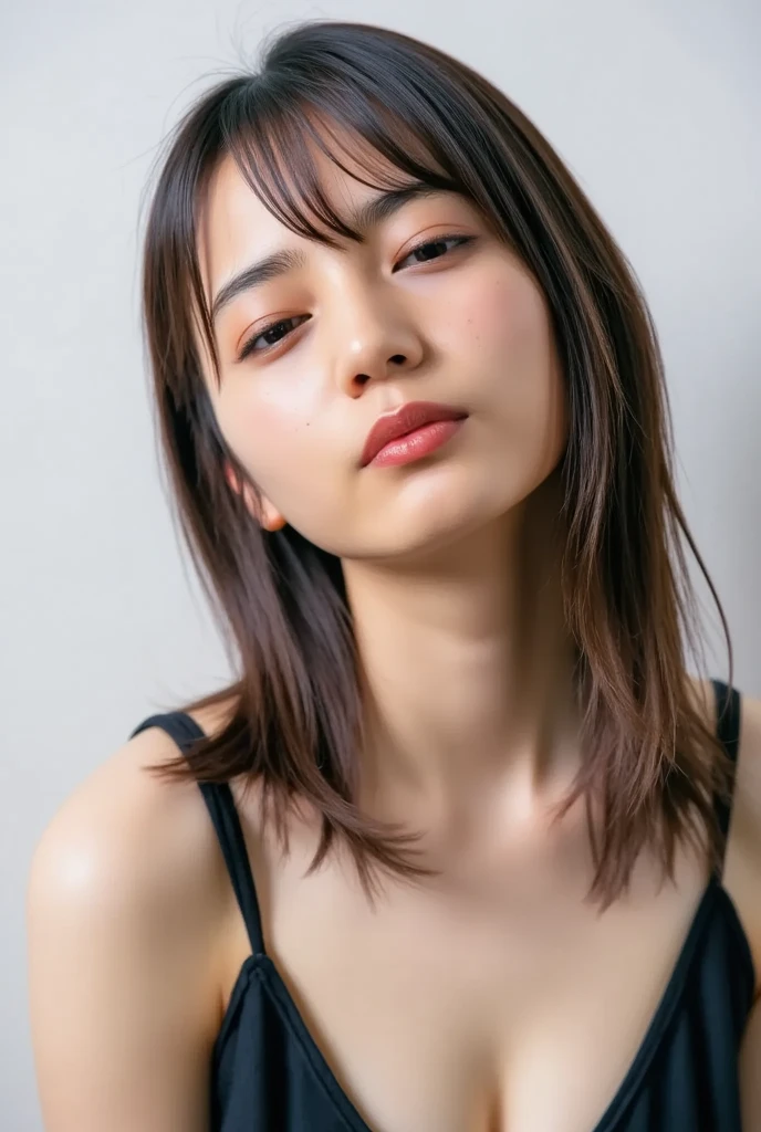 long shot,(highest quality,8k,32k,masterpiece,Ultra-high resolution:1.2),((smile expression:1.2)), ((long Hair,flat bangs:1.5)), Positive, Professional Lighting, Flash photography, Shaded photo,((Cleavage:1.5)),((large breast:1.8)), whole body, Face Focus, Choker Necklace, ((Gray plain background:1.2)), ((open chest clothing:1.8, Tight clothing:1.2))