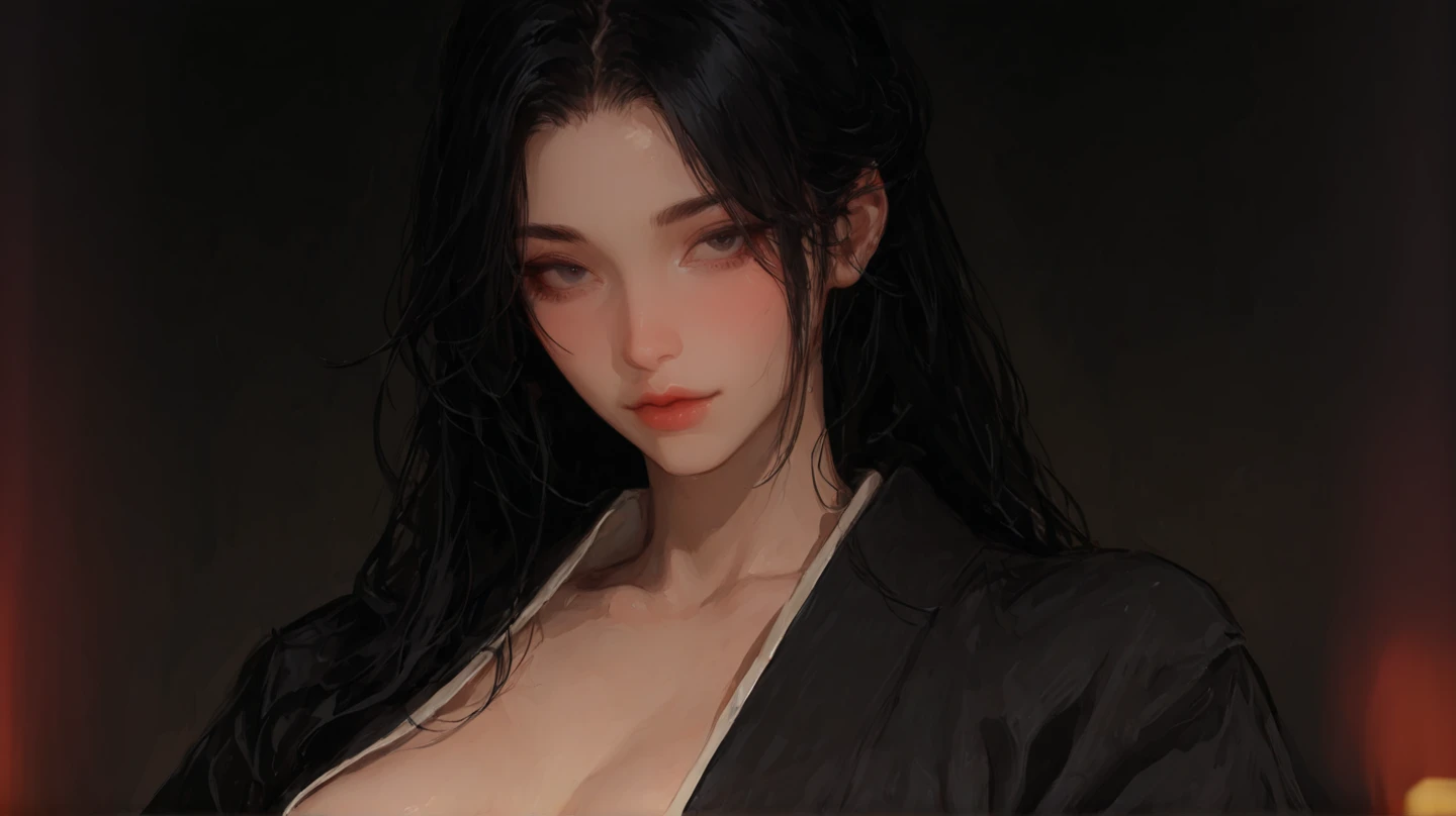 Mature Woman, Beautiful woman、(Sweat,vapor, Vulgarity), ((Colorful Hair))、Big cleavage、(Full Shot, Red Makeup、Pink glossy lipstick)、Long Shot, Beautiful depiction、Knowledgeable person、Detailed Background、High-quality human resources々々、High quality face、Ultra-high-definition animation、(Beautiful black hair:1.8)、clavicle, (((A maxi dress that shows off your ???? body line.))), Background blur、Detailed Background、(yukata、kimono、yukata,kimono, in Japanese、night room、indoor、Bedroom、Desaturated room:1.8)
