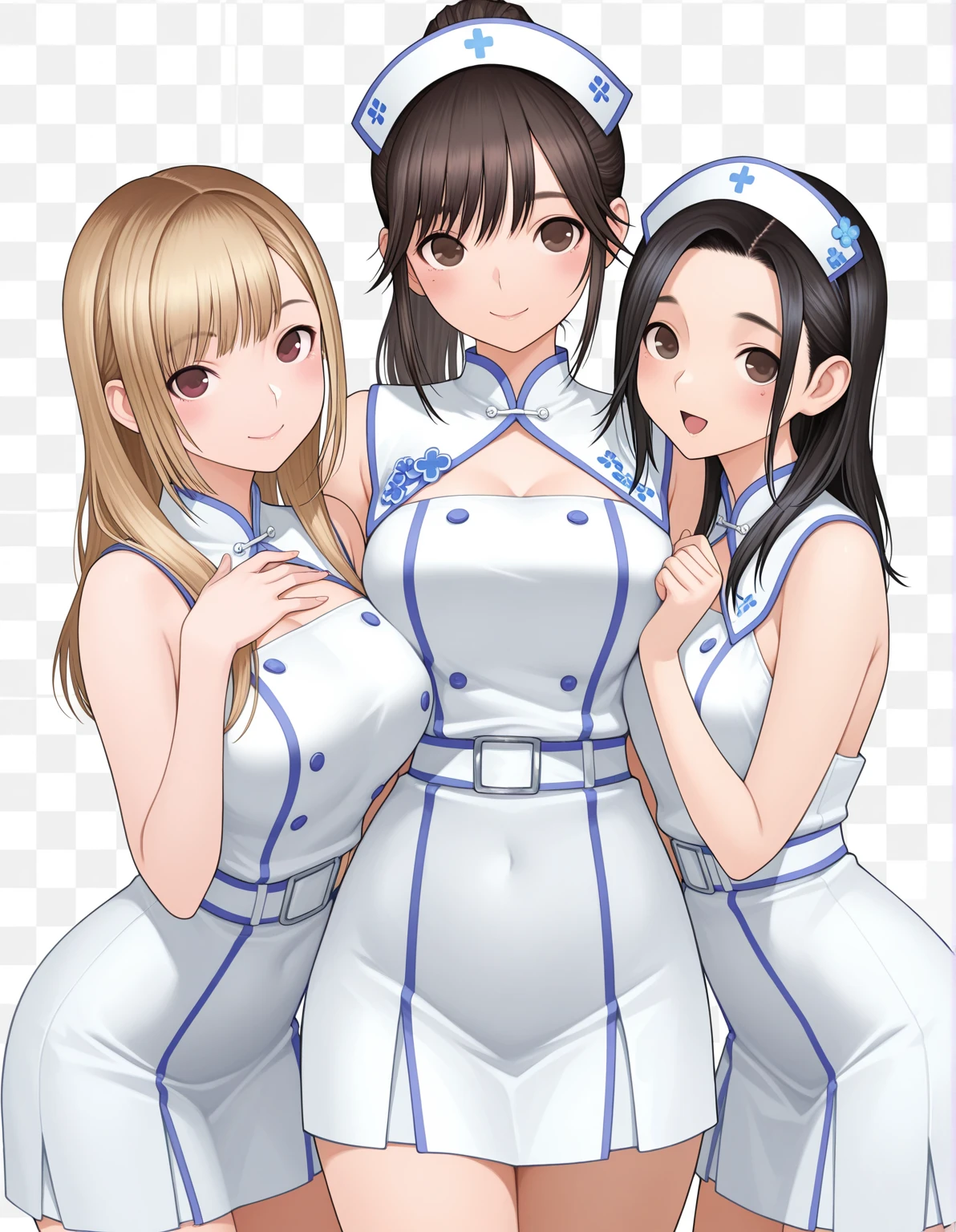 chef clothes、showing face,20-years old,Super detailed、huge 、,smile,:D,three woman side by side