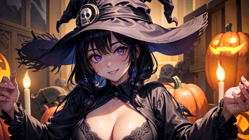 sexy witch, mature woman, inside hut, (candlelit:0.5), beckoning, (herbs:0.6), herbs on the wall, (dim lighting), attractive, ((highly detailed)), candle on table, (garter belt:0.2), (torn clothes:0.7), night, [colorful]