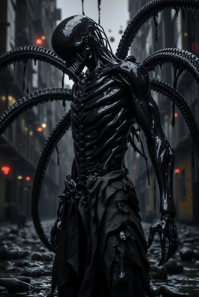 In a desolate, moonlit landscape, a creepy lone figure emerges, their silhouette contorted and grotesque against the eerie glow. Closer inspection reveals a fusion of organic and mechanical elements sinister tendrils of pulsating flesh intertwining with cold, metallic structures.  The air is thick with an otherworldly hum, and a sickly, iridescent light emanates from the aberrant fusion. This image prompt invites exploration into the realm of body horror, prompting creative minds to unravel the unsettling narrative within this grotesque tableau, 3d, 4k