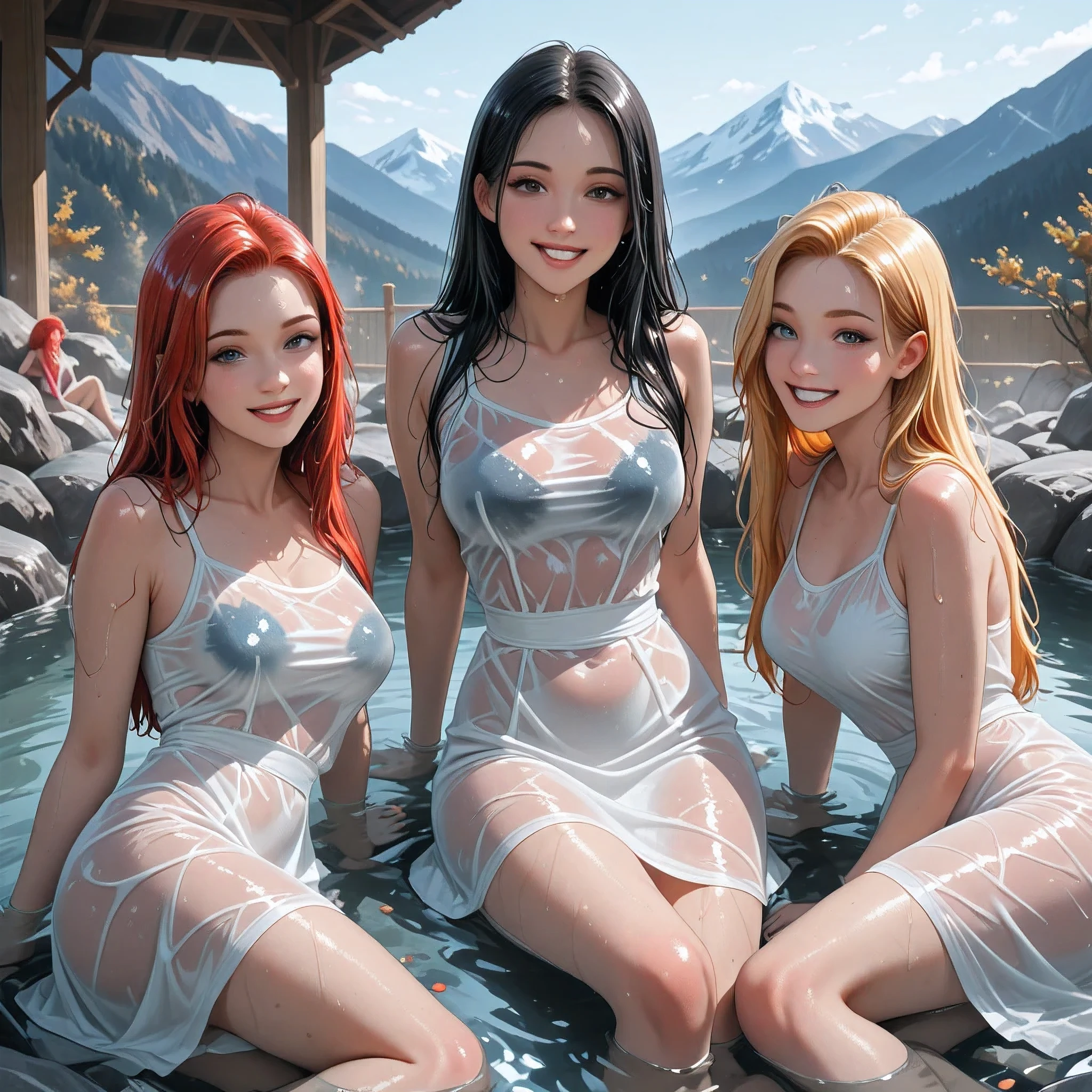 3women, one blond hair, one redhead, one black hair, all smiling, all in white dresses, lying submerged in an onsen, outside, mountains, (wet hair), (((wet see-through clothes))), vivid colors, very high detail,