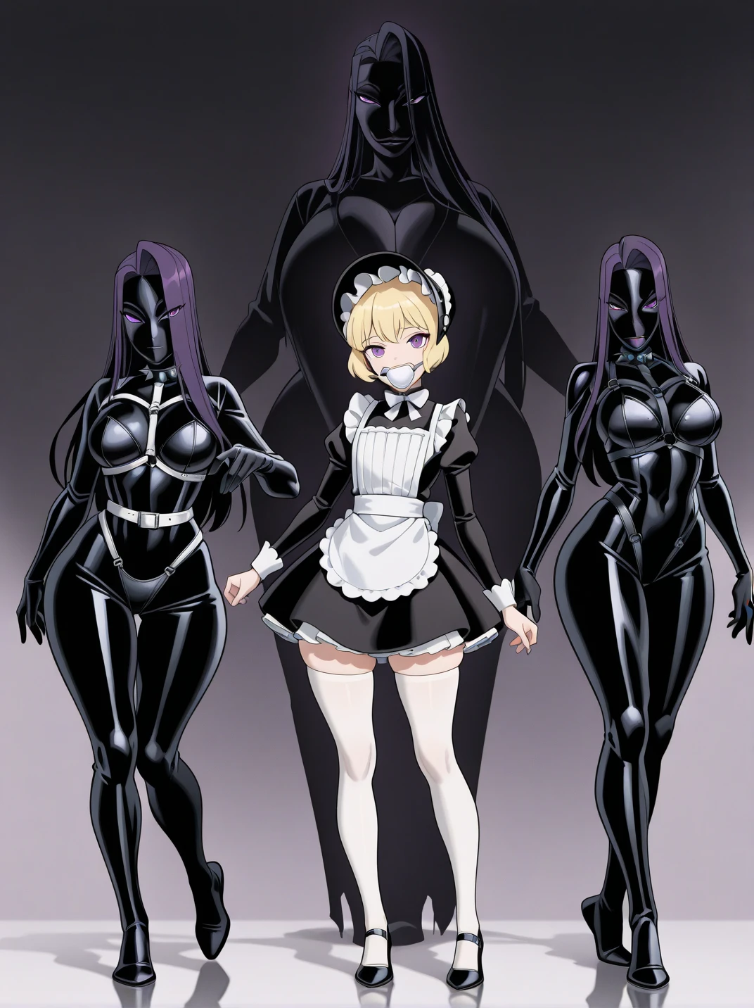 mother and daughters, standing, shortstack daughter, tall mother, wide hips, huge breasts, full body, mother with short brown hair , daughters with blonde twintails hairstyle, tight clothes