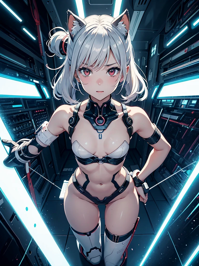 (((masterpiece))), (((highest quality))), ((Super detailed)), (Detailed CG illustration), ((very delicate and beautiful)),cinematic light,((1 Scalpel Machine)), Expressionless,alone,mature,((silver metal string bikini)),((big and full breasts)),((Plump)), (((open crotch:1.37))),((thighs)),((sitting)),whole body, ((There are many electronic devices in a dark room with no windows.)),(Machine Made Joint:1.4),((Mechanical cervical vertebrae attached to mechanically severed muscle vessel neck、connected to the tube:1.5)),(A large number of wires and cables are attached to the head and body.:1.5),short hair,(character focus),((Sparks are flying)),((very detailed,colorful)),((best details))
