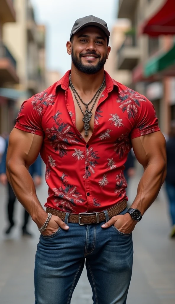 (absurdres, highres, ultra detailed, Ultra HD), a muscular handsome man, (wearing (a red colour open shirt)), (tattooed chest: 1.2), red hair, short hairstyle, detailed face, perfect facial features, smooth skin, beautiful, gorgeous, wet, mature, perfect eyes, sexy gaze, looking at the viewers romantically, large bare chest, largest breast, extremely large pectorals, big nipples, (chest tattoos only), full body view,