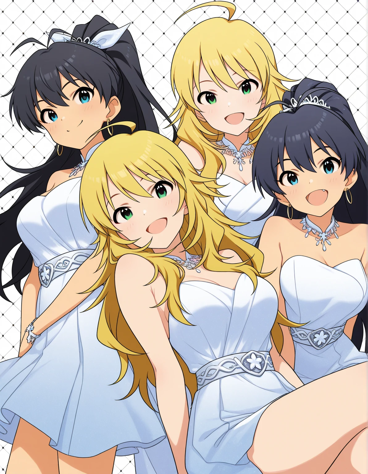 (Anime:1.8), megami magazine, (masterpiece, top quality:1.4), Not Safe for Work, detailed skin, detailed face, 1girl, idol, cute face, , 14-yo, blue eyes, droopy eyes, big eyes:1.5, laughing, red blush, (blonde-yellow hair), long hair, (shiny wavy hair), white frilled bikini wedding gown, swimsuit, sarong, tiara, Bride Veil, cute, baby face, twinkle in the eye, (Design sheet:1.3), (multi-angle and detailed view:1.3),