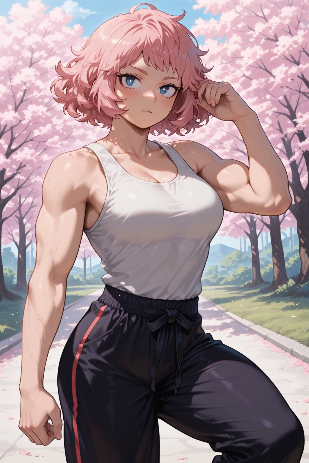 ((work of art, Maximum quality, high resolution)), ((highly detailed 8K unified CG wallpaper)), (Asian woman, 1,72m), (skin fair, Asian appearance), (extremely seductive), (Very defined muscles), (wide and strong neck), (fully body), (wearing blue shorts with floral prints), (white top with tribal prints), (wearing sports glasses with yellow 90 lenses% transparent), (pink hair)