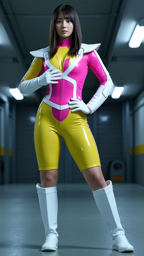 (8K、ultra high resolution、highest quality、masterpiece、realistic、ultra high resolution)、(((Must be female、Power Rangers in shiny neon pink leather、Must have big breasts、Definitely quite big breasts、feminine body、tight buttocks)A full-face helmet that ensures that your face and hair are not exposed.、Definitely a shiny neon pink patent leather full body suit、big emblem on the chest、Always at a cosplay venue:1.3))(very shiny helmet and suit)、180 spread legs