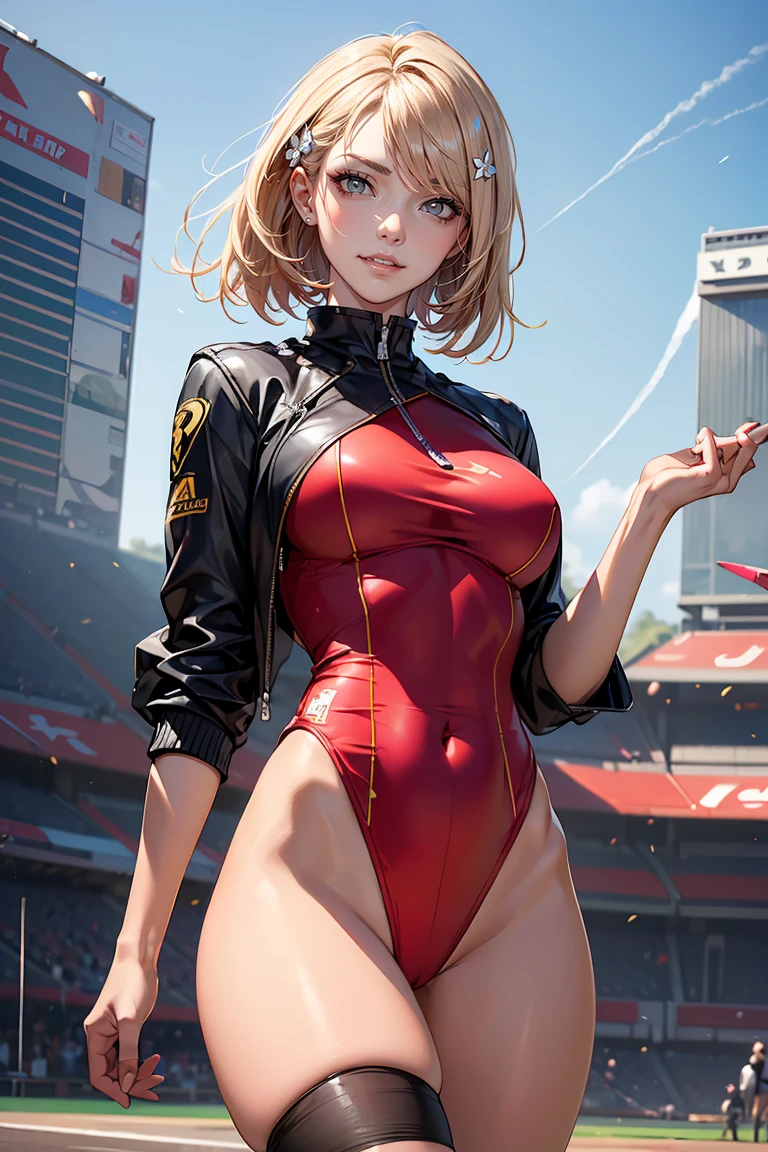 top-quality))、((masterpiece)、Genuine skin glow、indoor olympic gymnastics arena、((((14-year-old girl))))、Close-up shot looking up from underground、blonde long bob hair、A little bigger chest、Wearing a red and white leotard、gymnast、Different sexy poses、(1 Shiny skin 1.7)
