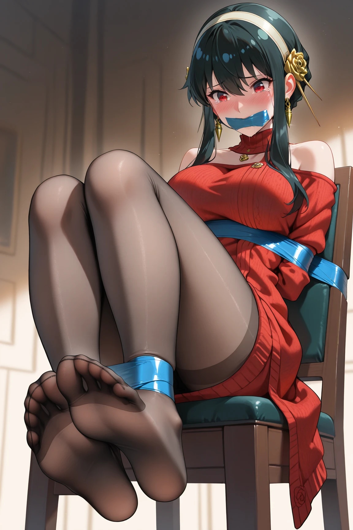 solo, master piece, best quality, ultla detailed, high resolution, 8K, extremely detailed face, NSFW, ????, ????????, solo, gag, (harness gag), ((tied to a chair, restrain, tied with rope)), ((Shibari, arms behind back:1.4,crotch rope:1.4)),((rope restraint)), hair buns, covered buns, chinese dress, qipao, blue outfit, spiked bracelets, puffy sleeves, brown pantyhose, white belt, white boots, torn clothes, sf2 chun, 36yo, mature, frightened, abused, swollen her cheek and forehead, bitting wound on face, beaten up, bumped, wounds on body and face, bruise, (wounds on body and face:1), blood splattered face, beaten face, (((swollen nose and cheek:1.1))), ((bruised on face:1.2)), (((eye swollen almost shut:1.5))), bitting wound on skin, drooling, vomit, (feel exhausted after ???????), teardrop, sweatdrop, ???????, prison,