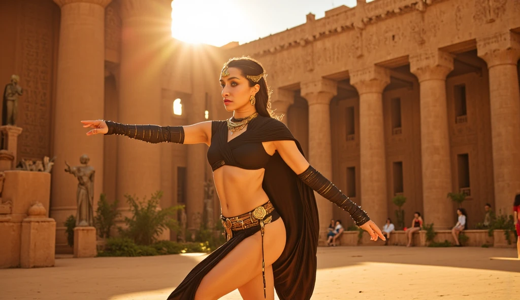 fking_scifi, fking_scifi_v2, FULL BODY portrait of a young, seductive, FACING AWAY FROM THE CAMERA, extremely beautiful and attractive Arabic DANCER, TOPLESS DANCING in front of a city in the desert, DRIPPING WET, DRIPPING WET long messy hair, rich colorful clothes and golden jewelry, close up, regal pose and attitude. fking_cinema_v2.