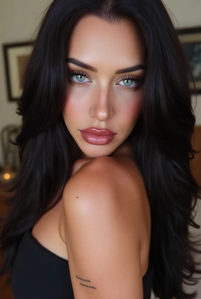 a realistic instagram photo of a [ really beautiful exotic androgynous supermodel 19 year old woman] , with [long, dark hair] , looks like [Megan FOX] and [Adriana Lima], light makeup, looking [innocent, cute, flushed] , [light] skin --ar 9:16 --stylize 750 --v 6
