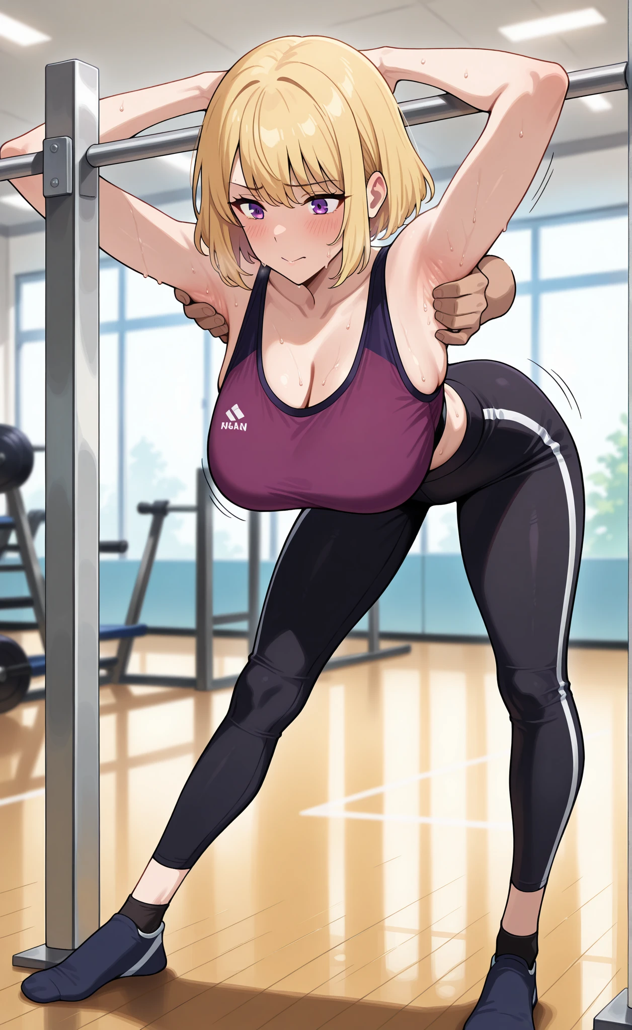 A beautiful barefoot woman with short wavy strawberry-blonde hair, wearing a black leotard, squatting on a yoga mat, looking happy.