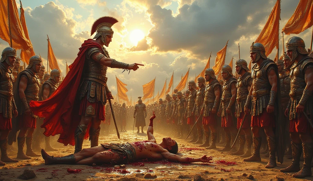 Roman legionnaires in full armor torture a naked young girl slave, blood, fear, pain, tears, sweat, dirt