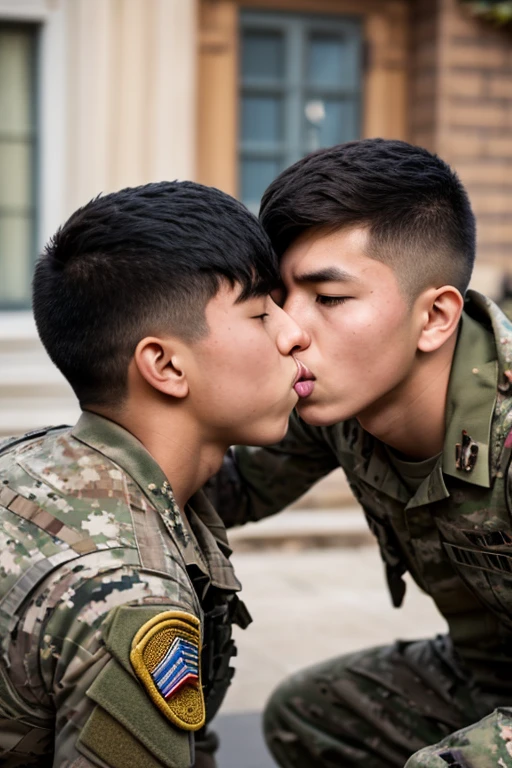 Ulzzang boys, ulzzang Korean, Korean ulzzang, ulzzang, brown hair, black hair, cute face, cute eyes, cute lips, kiss, kissing, ulzzang boys, boys, military gear