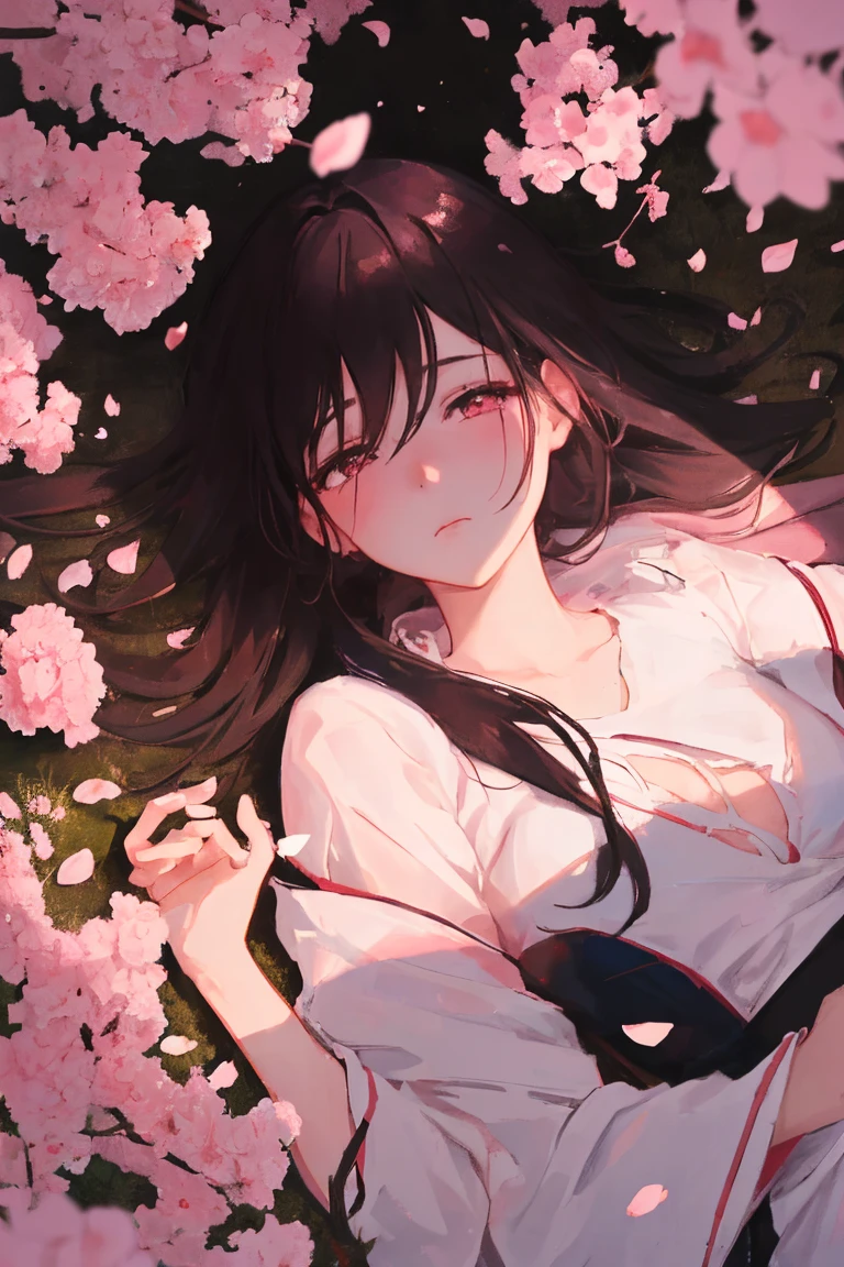 Masterpiece, absurderes, Hinata\(Boruto\), 1girll, Solo,Mature female, Off-the-shoulder oversized shirt, view the viewer, (Falling petals), Perfectcomposition, Detailed lips, big breast, Beautiful face, body propotion, Blush, (Pink lips), Long hair, Purple eyes, Soft gaze, Super realistic, Detailed, photoshoot, Realistick faces and bodies, Side view