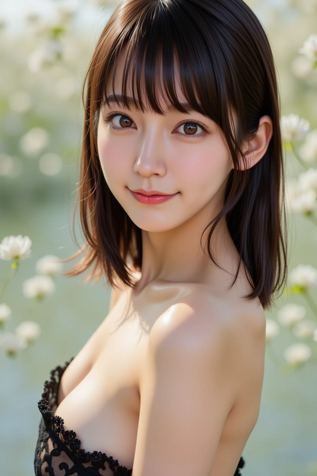 (Masterpiece, BestQuality:1.3), (ultra detailed:1.2), (hyperrealistic:1.3), (RAW photo:1.2),High detail RAW color photo, professional photograph, (Photorealistic:1.4), (realistic:1.4), ,professional lighting, (japanese), beautiful face, (realistic face), cute woman, (Brown Hair, Big Tits:1.5), (cheerful Smile:1.35), Trending Hair&Trending Hairカラーをランダムに, sexly, erotic sexly, Random sexy gravure poses, (Pink off-shoulder top、White shorts、Beautiful woman smiling in a flower field。Wear a flower crown、One arm stretched to the sky pose。:1.3)