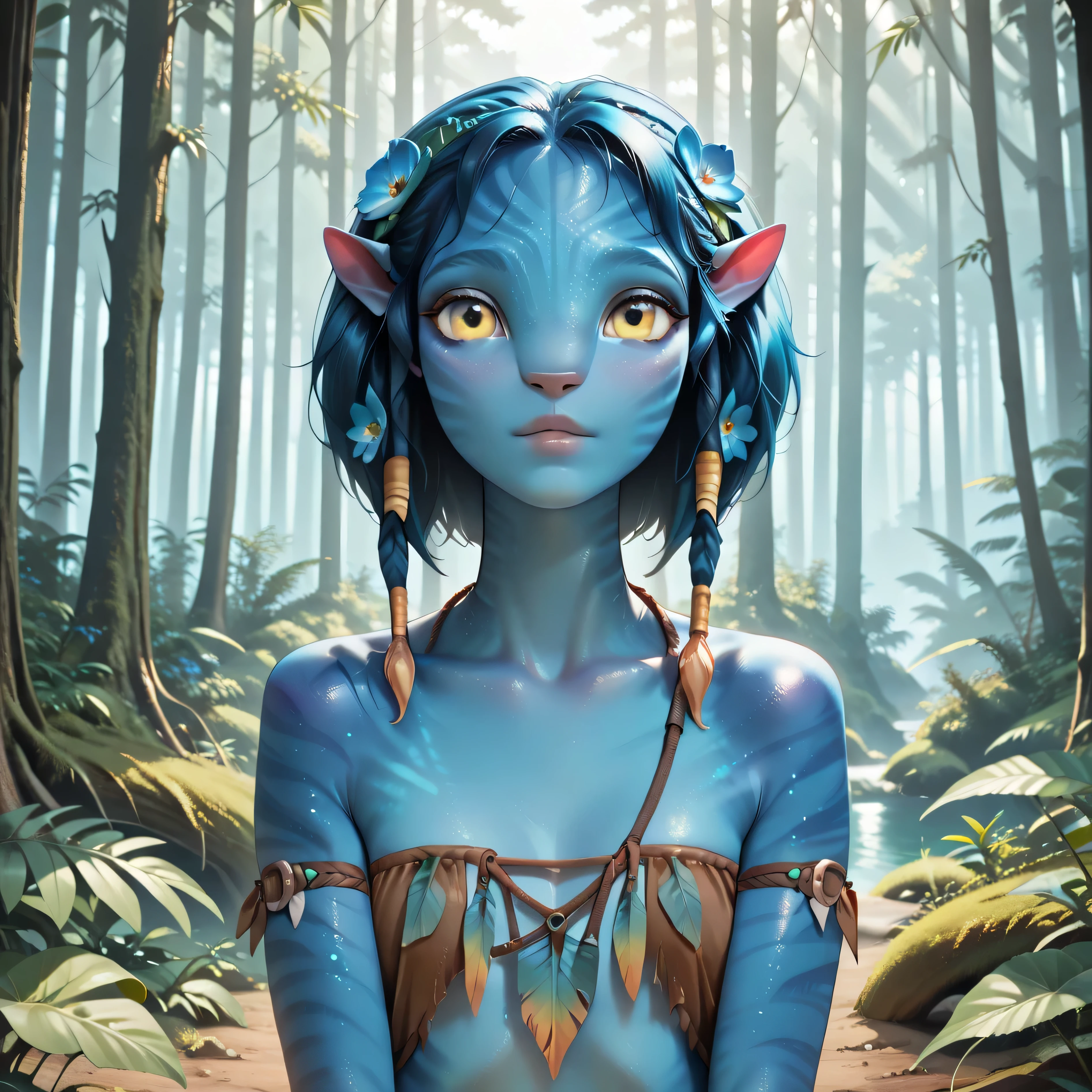 masterpiece, best quality, amazing quality, in forest, blue flowers, bioluminescent flora, 1girl, solo, Na'vi, colored skin, striped blue skin, pointy ears, yellow eyes, tribal outfit, looking at viewer,