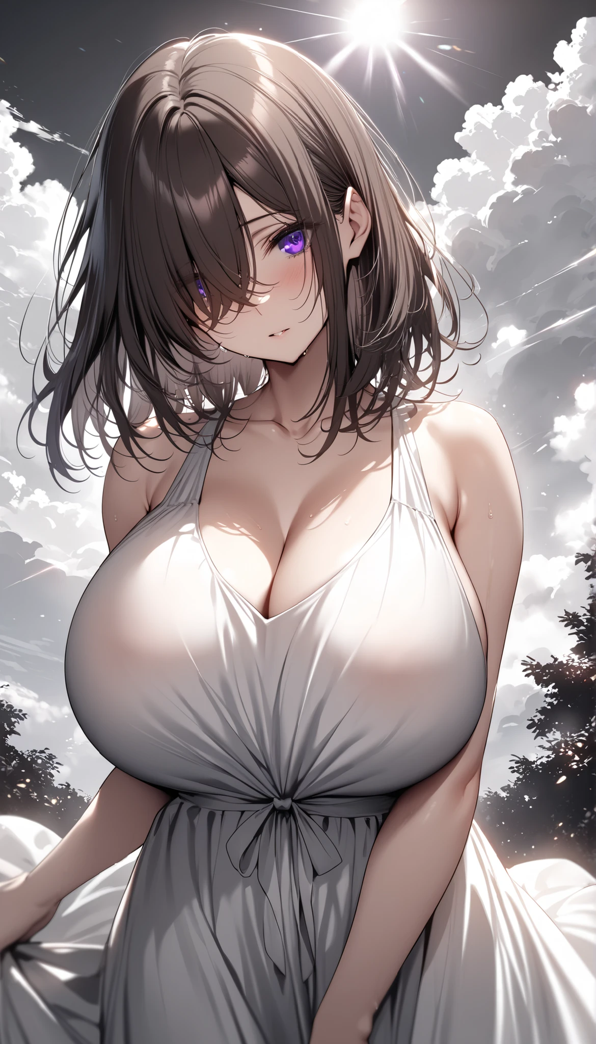 (masterpiece, Highest quality:1.2), (1girl) ,alone, ((medium hair)), ((straight hair)) ,((dark brown hair)), ((hair over face)), (hair over one eye), (hair over right eye), ((detailed eyes)), ((purple eyes)), ((huge breast)), high detail, bloom, (summer dress), (beautiful effects), (grayscale), sunlight, clouds