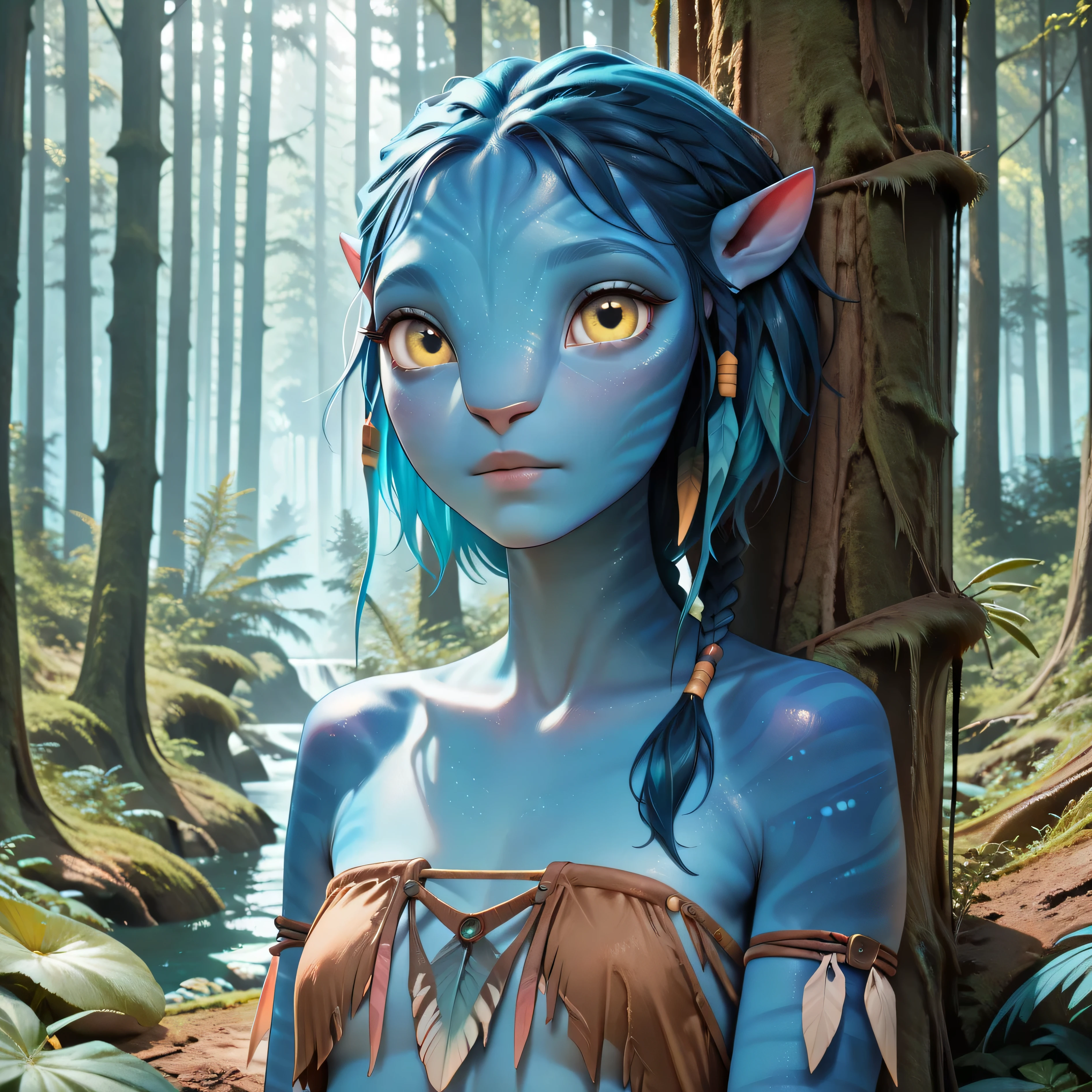 masterpiece, best quality, amazing quality, in forest, blue trees, pink trees, bioluminescent forest, 1girl, solo, Na'vi, colored skin, striped blue skin, pointy ears, yellow eyes, tribal outfit, looking at viewer, bewildered,